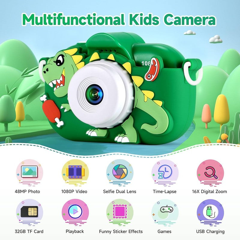 48MP Kids Camera Dual Lens 1080P HD Selfie Toy Camera Boys 3-9 w/ 32GB SD1