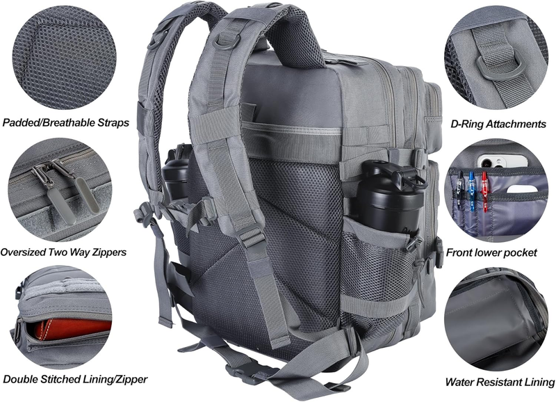Military 45L Tactical Backpack Grey MOLLE Assault Pack Travel Bag5