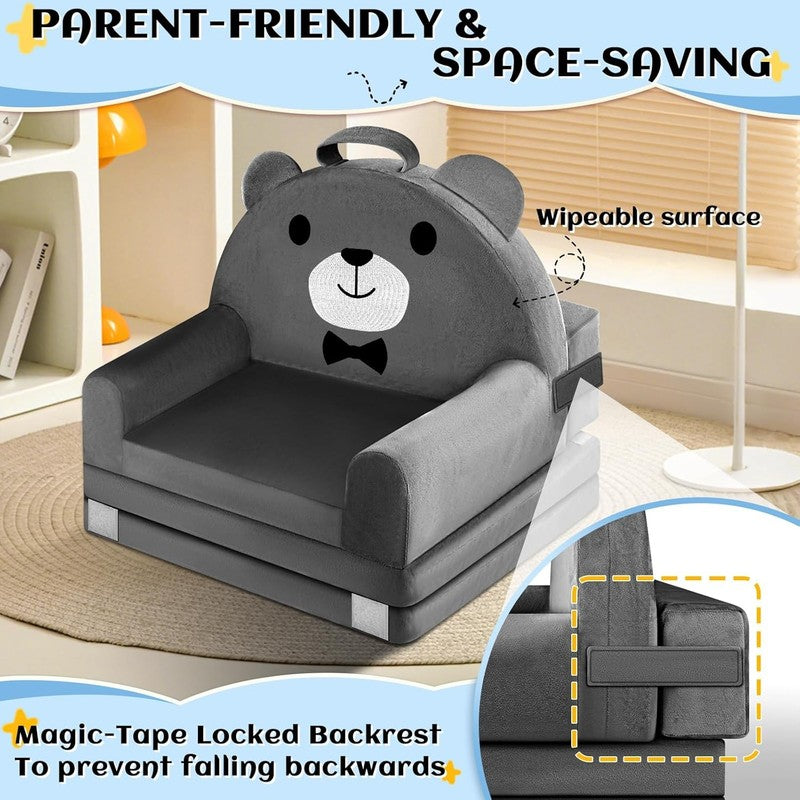Kids Foldable Sofa Bed w/ Washable Cover, Crystal Velvet Toddler Chair Gray3