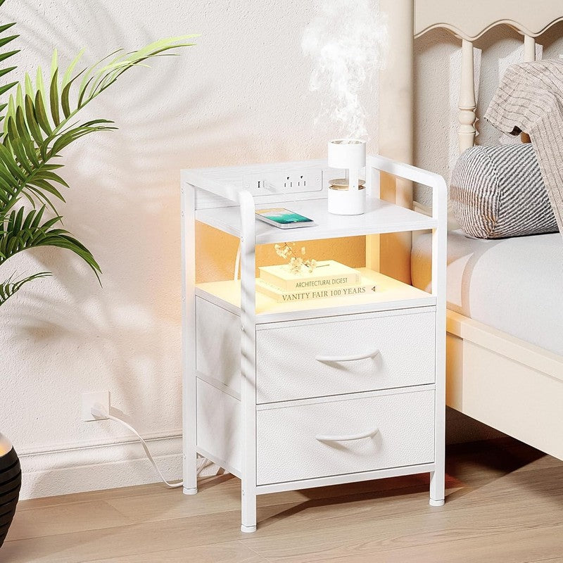 White Nightstand w/ Charging Station LED Light 2 Fabric Drawers USB & AC Outlets1