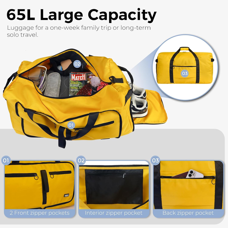 65L Travel Duffel Bag Foldable w/ Shoe Compartment Water Resistant Gray3