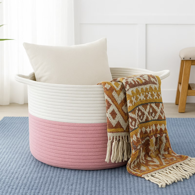 80L Collapsible Cotton Laundry Basket w/ Handles – White & Pink9