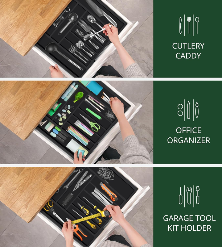 Bamboo Kitchen Drawer Organizer 9 Slot Black Silverware Cutlery Tray6