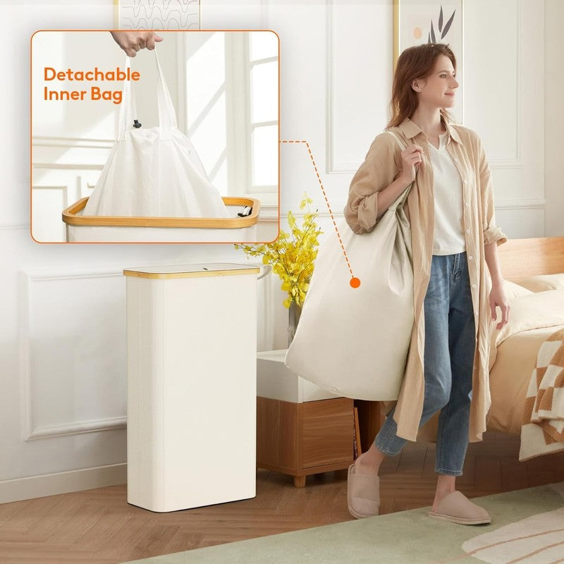 Slim 65L Laundry Hamper with Bamboo Handles, Foldable Basket with Lid, White3