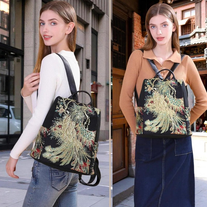 Women Glitter Embroidery Backpack Canvas Anti Theft Travel Shoulder Bag Black4