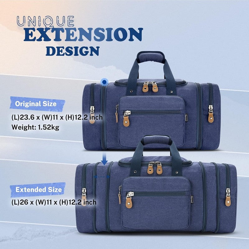 60L Expandable Canvas Duffle Bag Blue Travel Weekender Overnight Carry On8