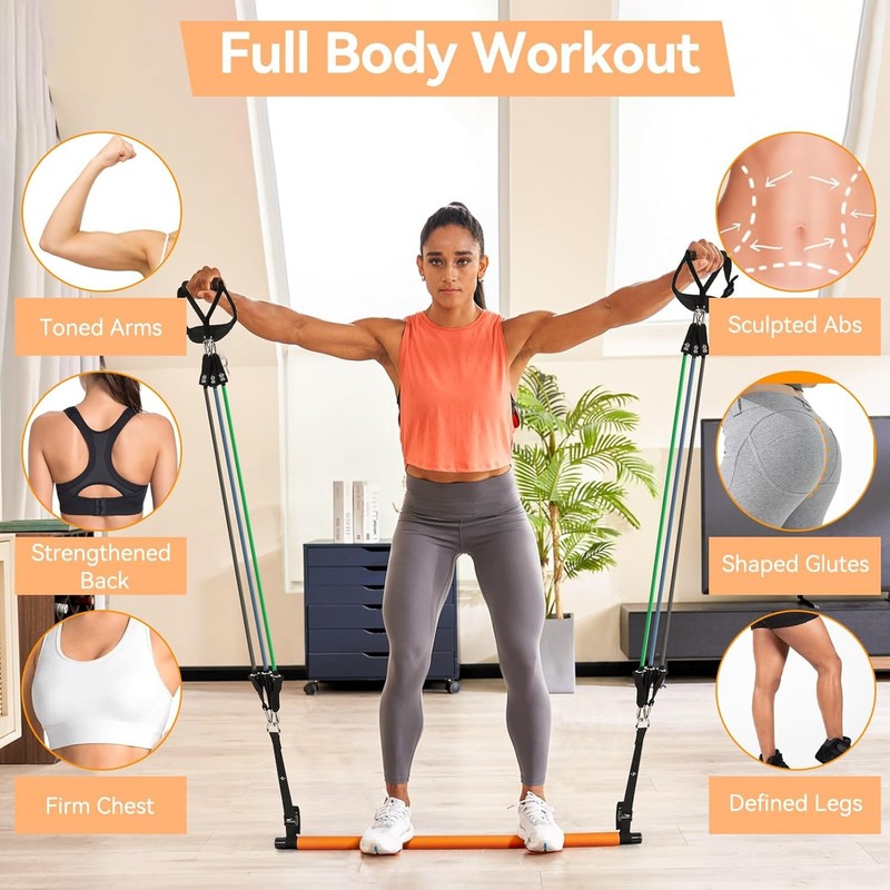 Portable 3-Section Pilates Bar Kit w/ Resistance Bands 20-60lb Full Body5