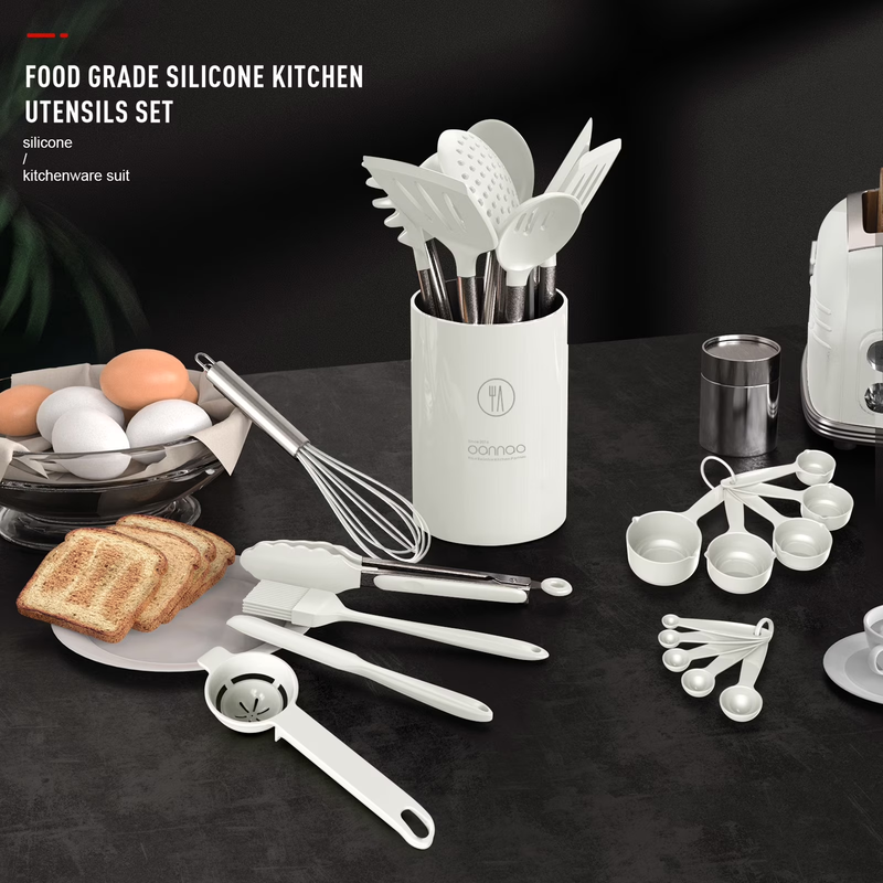 Silicone Cooking Utensils Set Heat Resistant Kitchen Tools Cream White5