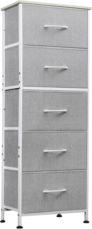 5 Drawer Tall Fabric Dresser Organizer Chest Steel Frame Light Grey7