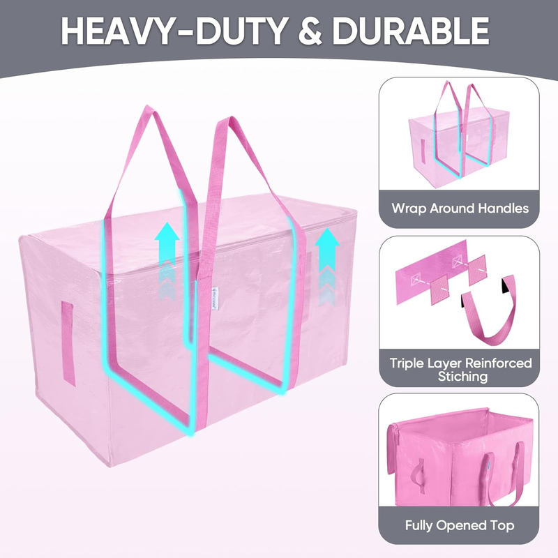 6 Pack Extra Large Heavy Duty Moving Bags Zipper Storage Totes Pink2