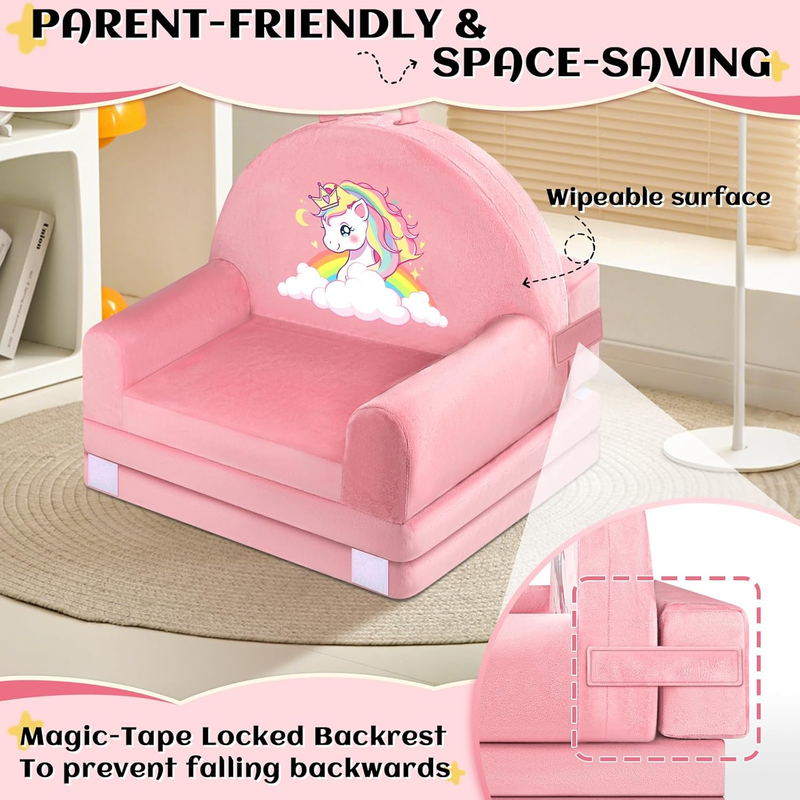 Unicorn Kids Foldable Sofa Bed w/ Washable Cover, Crystal Velvet Toddler Chair3