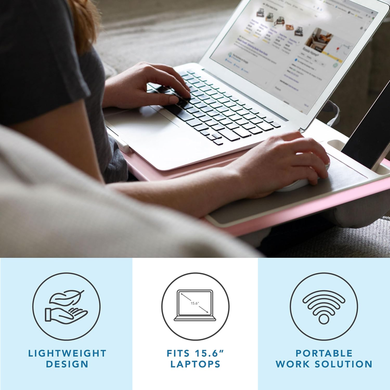 Home Office Lap Desk with Device Ledge, Mouse Pad, and Phone Holder   Pink   Fit1