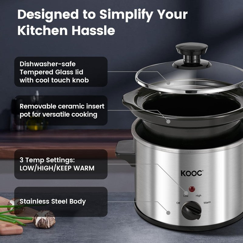 2Qt Small Slow Cooker Ceramic Adjustable Temp Stainless Steel Silver4
