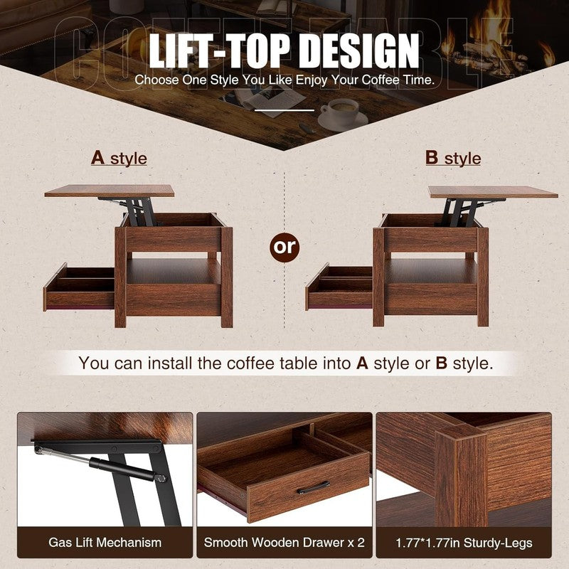 Lift Top Coffee Table w/ Drawers Hidden Compartment Retro Wooden Espresso5