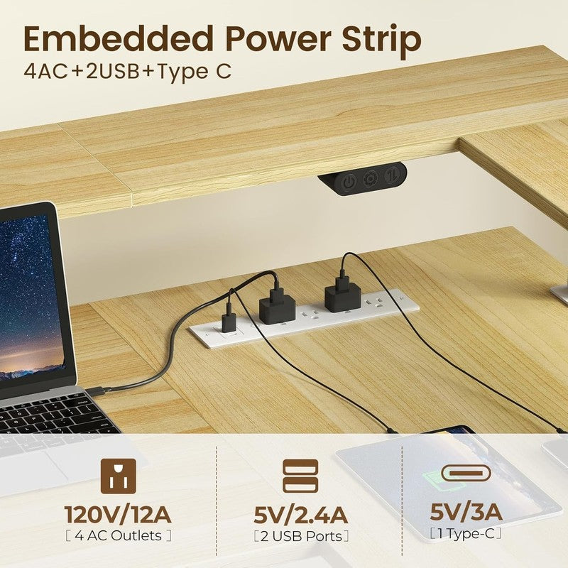 L Shaped Electric Standing Desk w/ Keyboard Tray LED Power Beige4