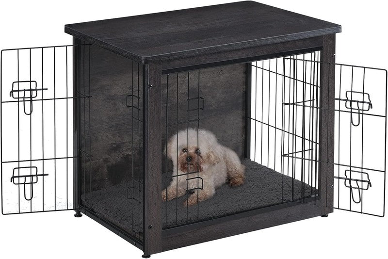 Dog Crate Furniture Table w/Cushion Wooden Kennel Double Door 27.2" Dark Gray7