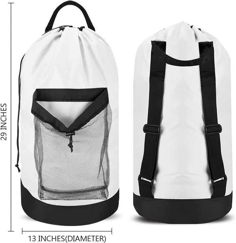 Backpack Laundry Bag with Straps & Pocket, Durable Nylon Clothes Stripe White1