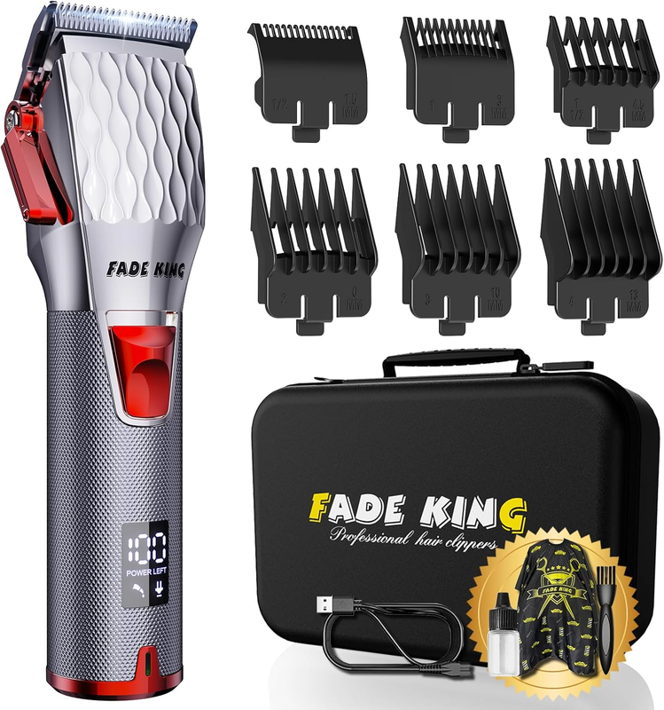 Men’s Cordless Hair Clippers | LCD Display Barber Grooming Kit (Silver+Red)0