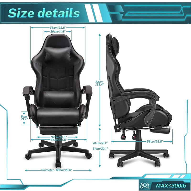 Ergonomic Gaming Chair with Footrest Massage Lumbar Support High Back Black1