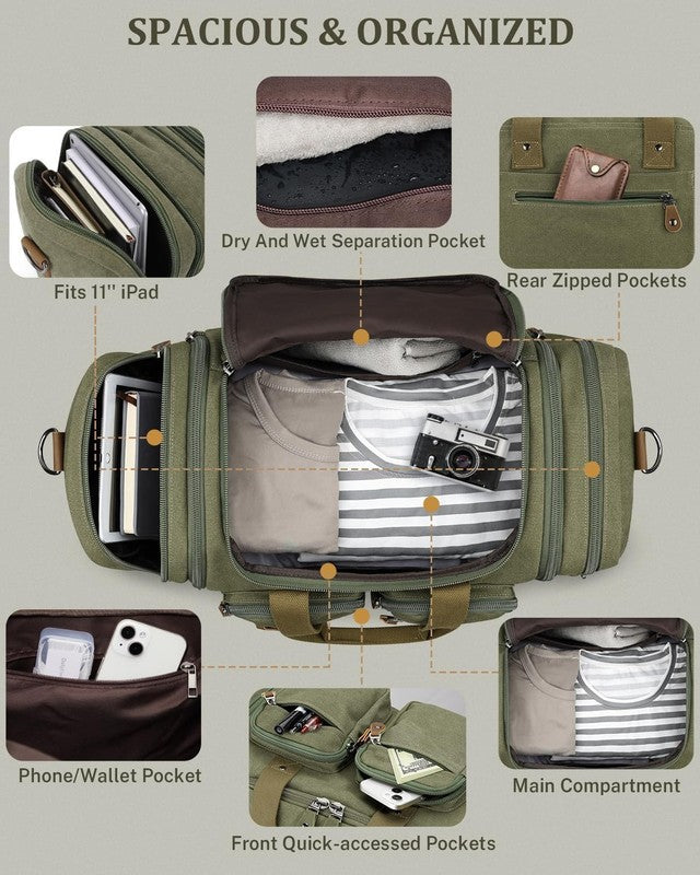 Expandable 60L Canvas Duffle Bag Army Green Travel Gym Weekender Carry On5