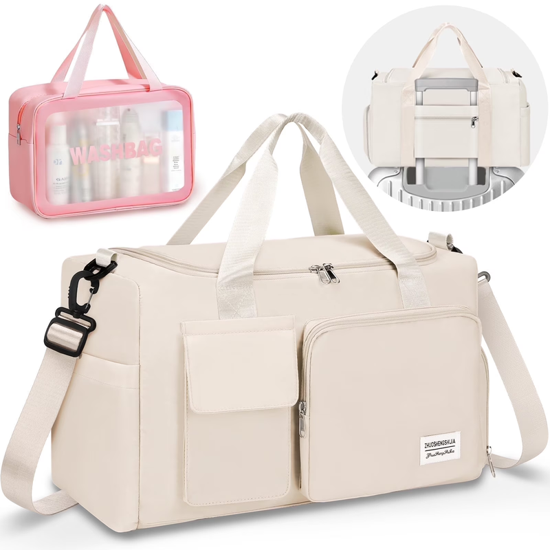 Gym Bag Women Shoe Compartment Dry Wet Travel Weekender Overnight Beige11