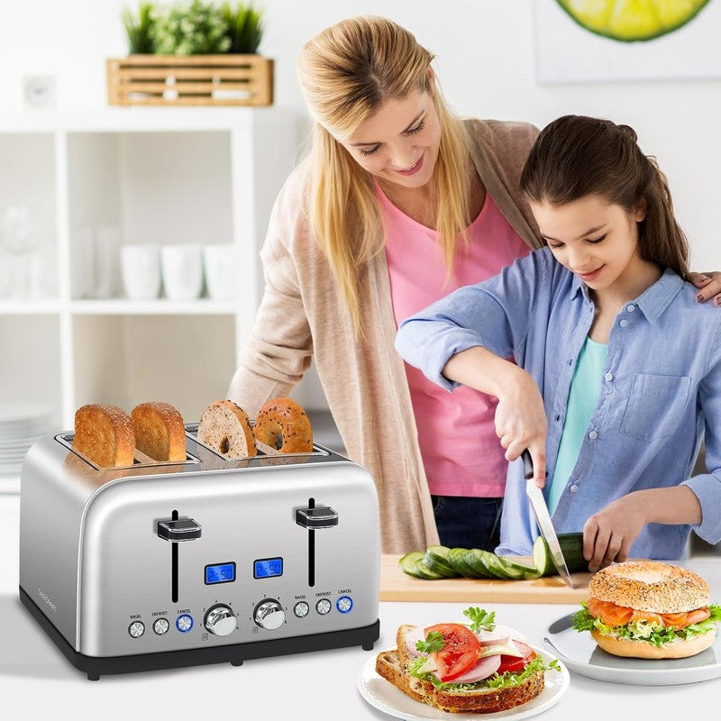4 Slice Toaster Silver Metallic - LCD, Dual Control, Bagel, Defrost, 6 Shades6