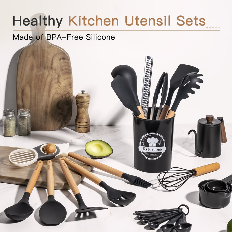 38PCS Silicone Kitchen Utensil Set Wooden Handle Heat Resistant Black8