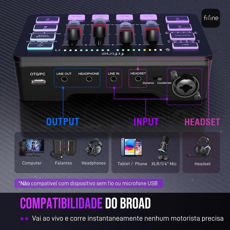 Gaming Audio Mixer RGB PC Mixer with XLR Mic, Volume Fader, Phantom Power SC33