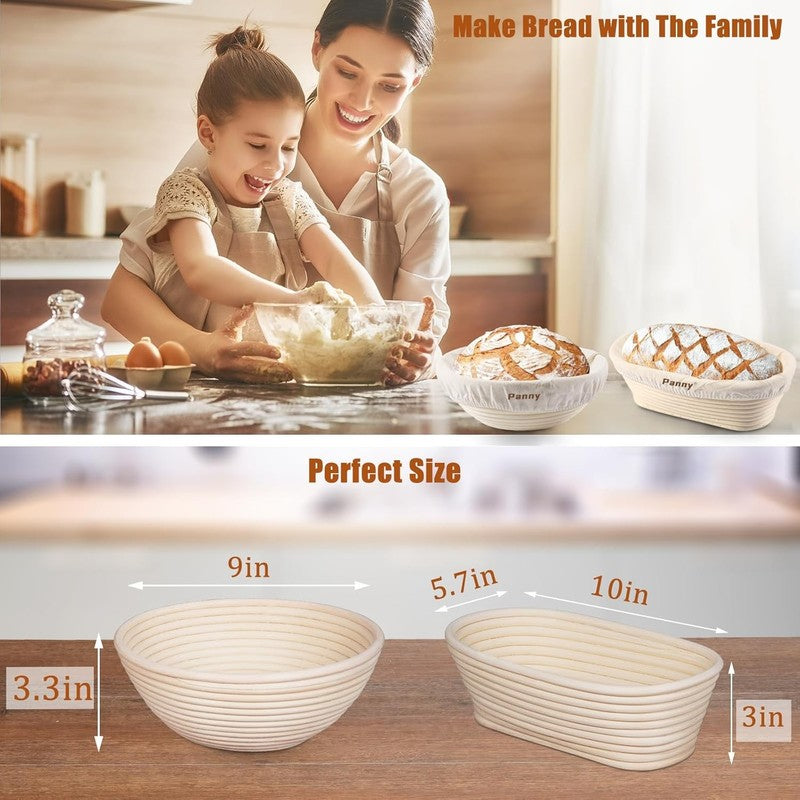 Banneton Basket Set 9" Round & 10" Oval w/ Liners   Sourdough Baking Kit & Tools4