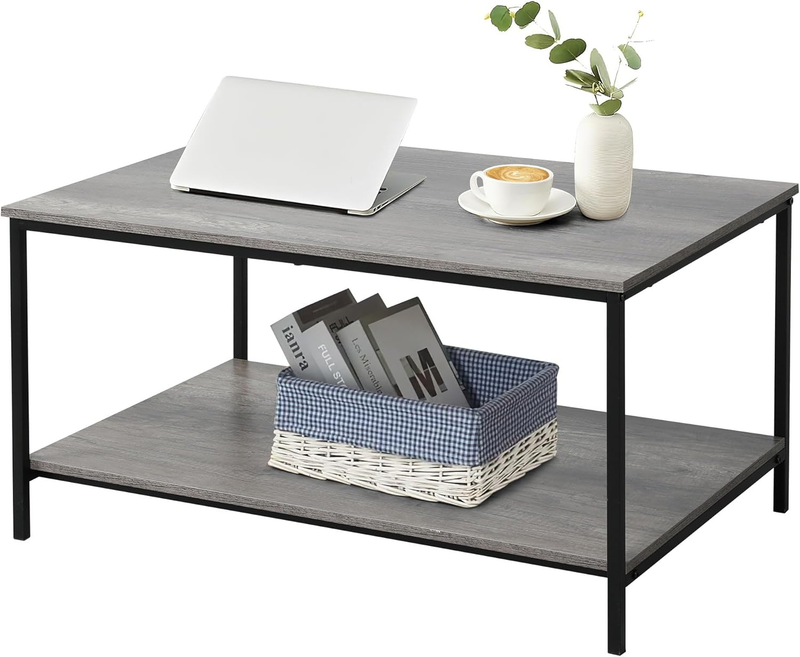 2 Tier Grey Oak Coffee Table with Storage, Wood & Metal, Living Room Table5