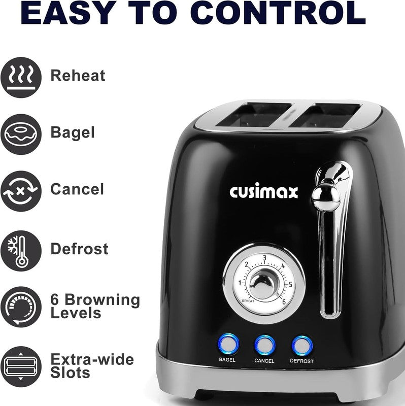 Retro 2 Slice Toaster Black - Wide Slots, 6 Settings, Bagel, Cancel, Defrost2