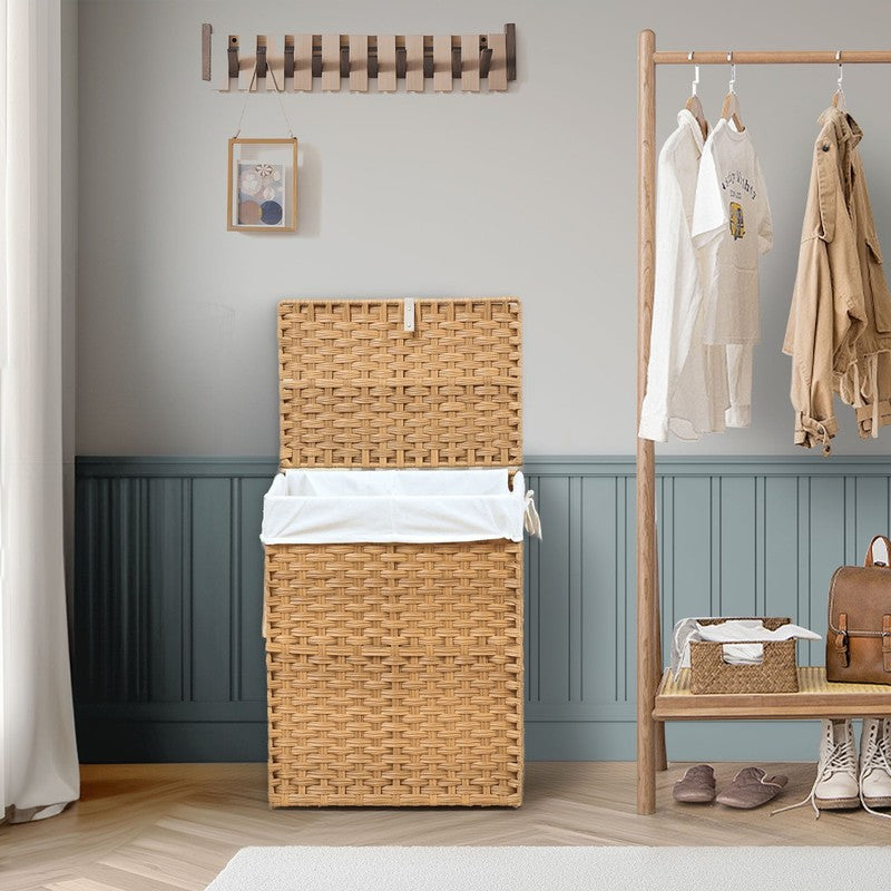 90L Handwoven PP Rattan Laundry Basket w/ Lid, Handle, Foldable, Removable Liner7