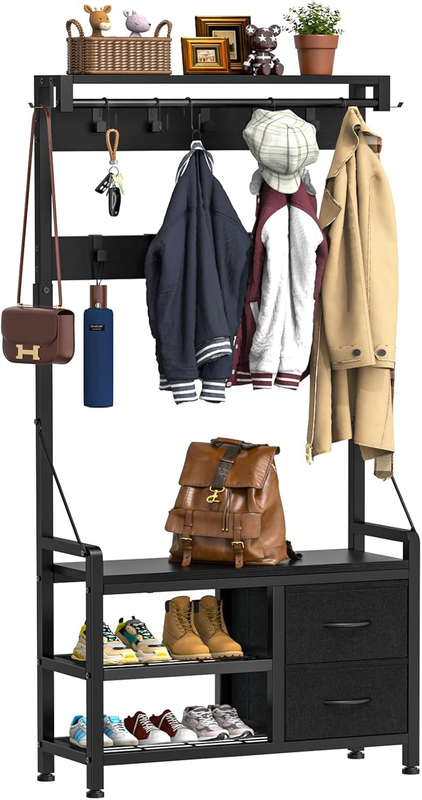 Hall Tree Entryway Bench with Coat Rack & Storage 5-in-1 Black 31.5"10