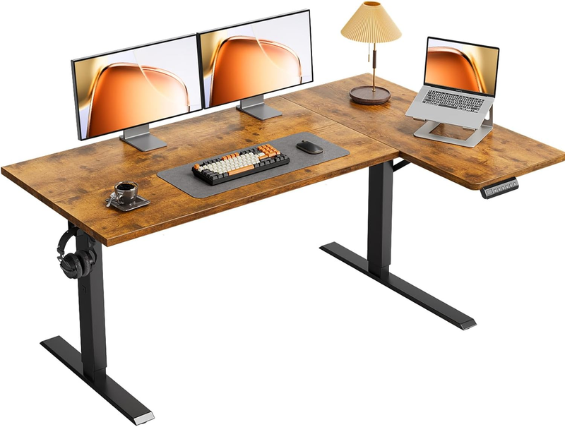 55'' Electric L Shaped Standing Desk Height Adjustable Corner Desk Rustic Brown0