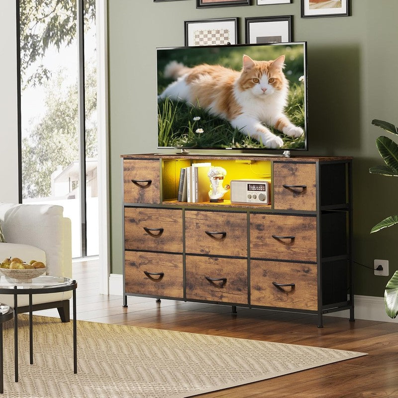 Rustic Brown TV Stand Dresser LED Lights Charging Station 8 Fabric Drawers Shelf1