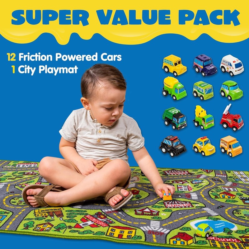 Kids Play Rugs - 12 Pull-Back Vehicle Set - Durable Carpet Playmat Rug - City Pr1