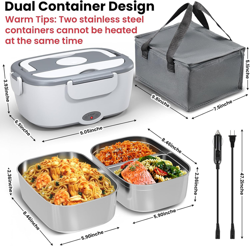 Electric Lunch Box Fast Heating 2x53oz Stainless Steel Containers 12V/24V/110V3