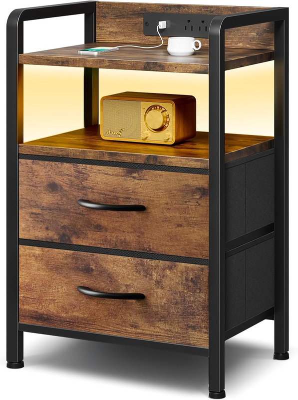 Nightstand w/ Charging Station LED Light 2 Fabric Drawers USB & AC Outlets Brown7