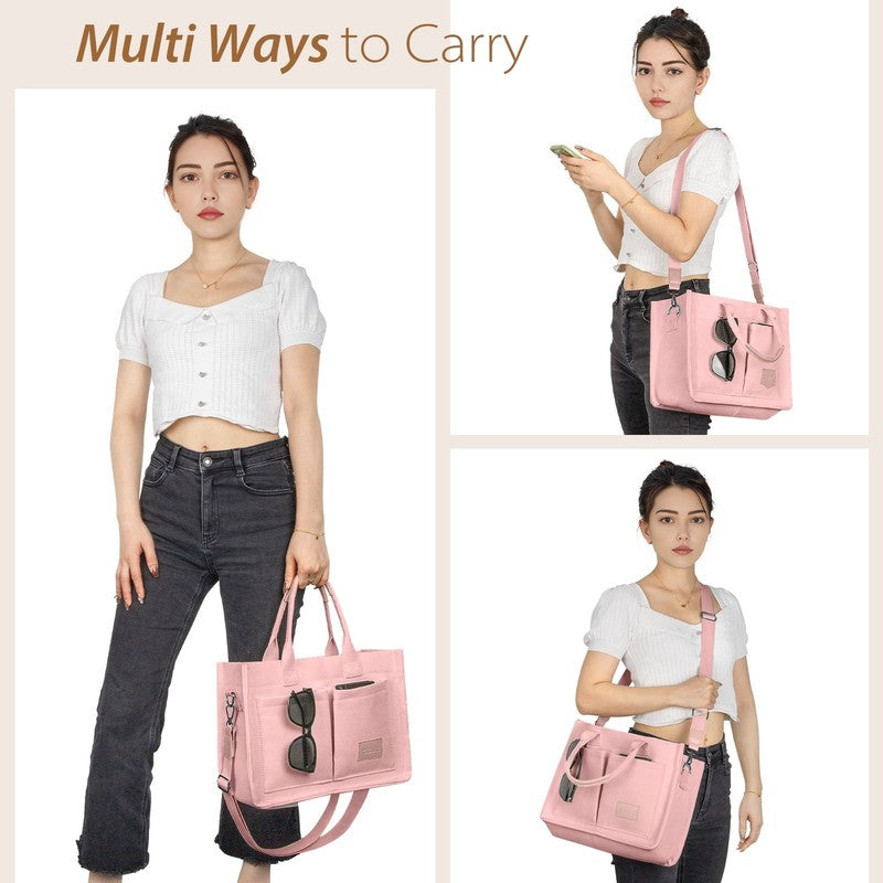 Canvas Tote Bag for Women with Pockets Laptop Work Crossbody Satchel Pink4
