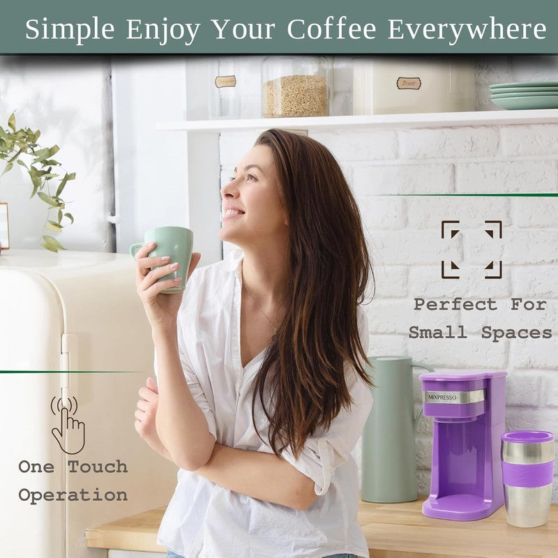 Purple Single Serve Coffee Maker with 14oz Travel Mug & Auto Shut Off4