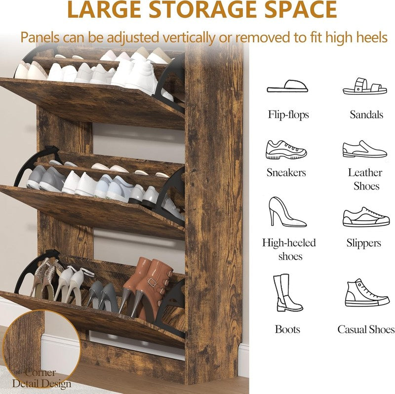 47'' Shoe Cabinet 3 Flip Drawers Slim Wood Storage Rack Organizer Entryway Brown5