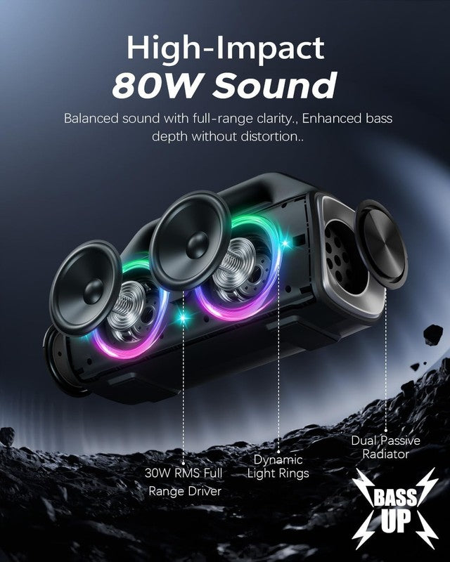 80W Bluetooth Speaker, IP67 Waterproof, Deep Bass, Lights, Stereo, Portable4