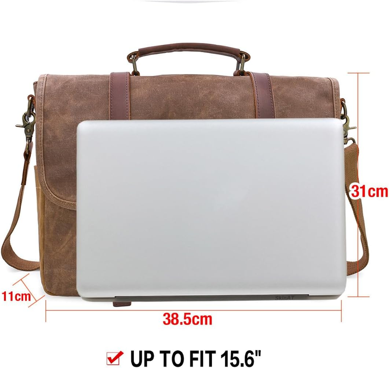 Mens Messenger Bag 15.6 Inch Waterproof Vintage Genuine Leather Waxed Canvas Bri6