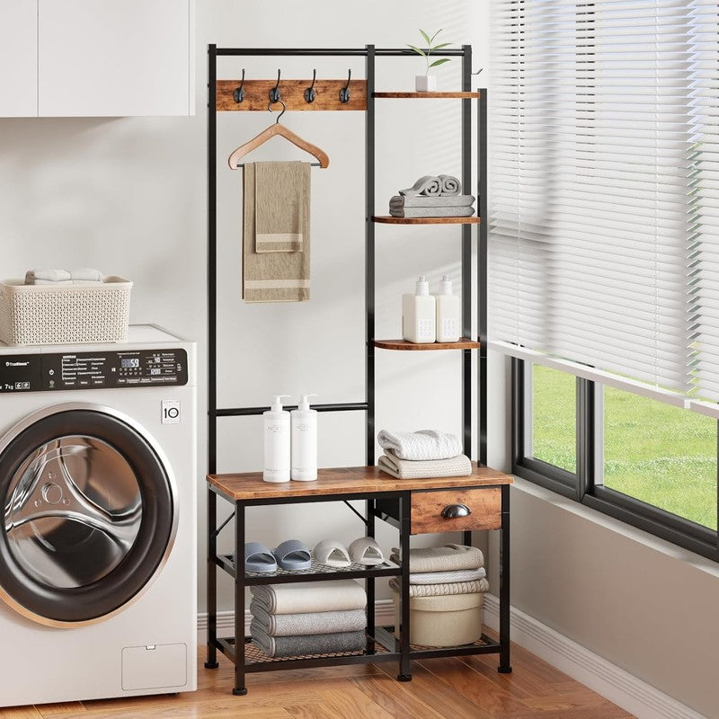 Hall Tree Entryway Bench with Coat Rack & Shoe Storage 4-in-1 Rustic Brown8