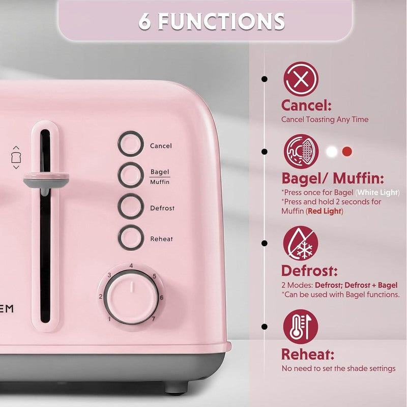 Retro 4 Slice Toaster 1800W Extra Wide Slots 7 Shade Bagel Muffin Stainless Pink1