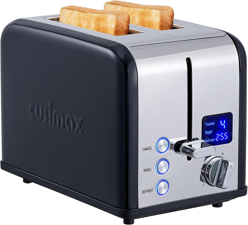 Black 2 Slice Toaster Stainless Steel - LED Display, Wide Slots, 6 Shades, Bagel8