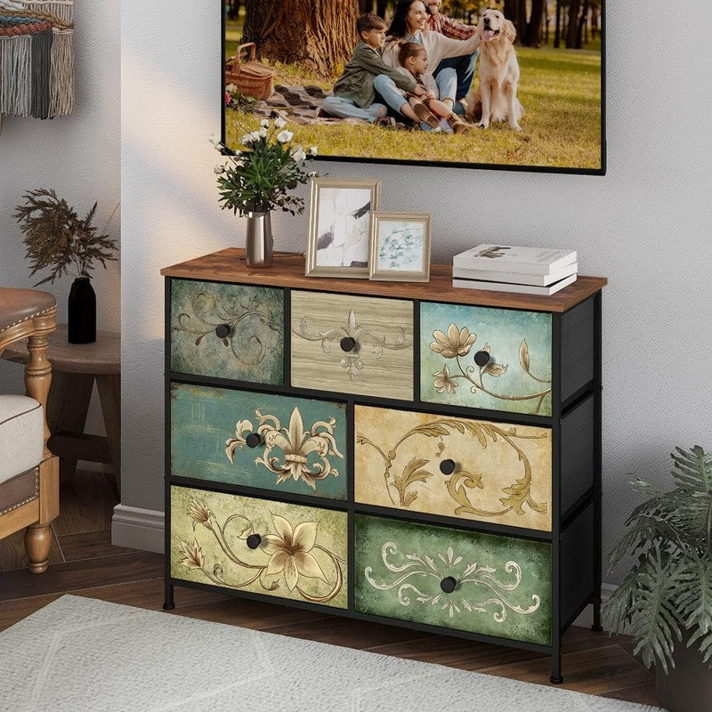 7 Drawer Fabric Dresser Retro Floral Chest Storage Organizer for Bedroom Closet1