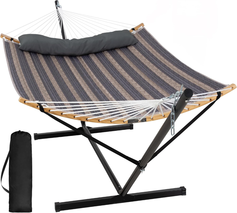 Double Hammock w/ Stand Curved Spreader Bar Carry Bag Gray Stripes8