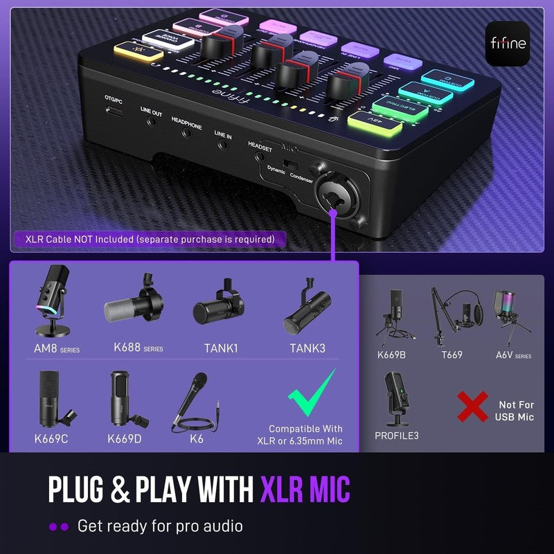 Gaming Audio Mixer RGB PC Mixer w/ XLR Mic Phantom Power Mute SC37