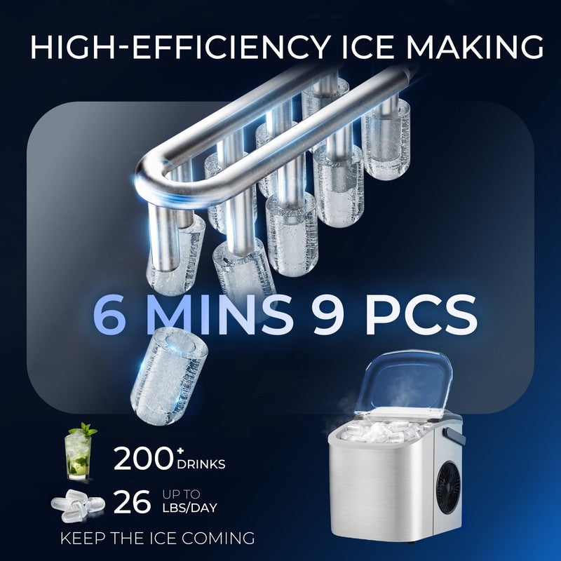 Countertop Ice Maker Machine 9 Bullet Ice 6Min One Button AutoCleaning 26Lbs/24H1